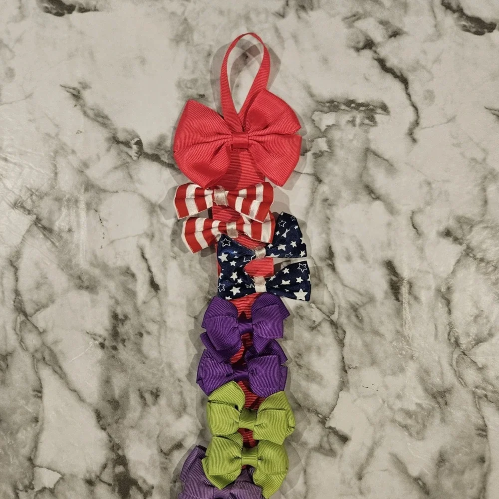 24 Girls Hair Bows Lot Solid Colors Patriotic Alligator Clips Pink Ribbon Hanger